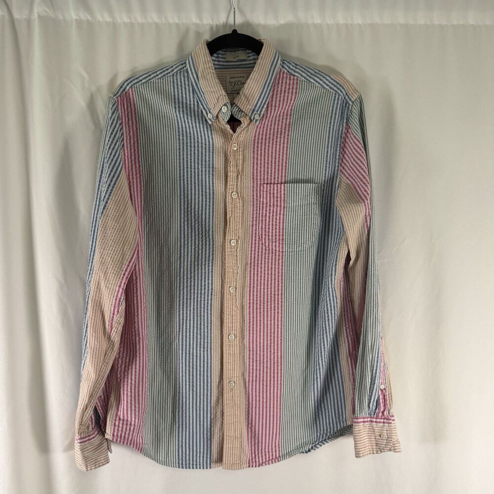 J. Crew Seesucker Shirt Men's Medium Rainbow Striped Slim Button Up Long Sleeve